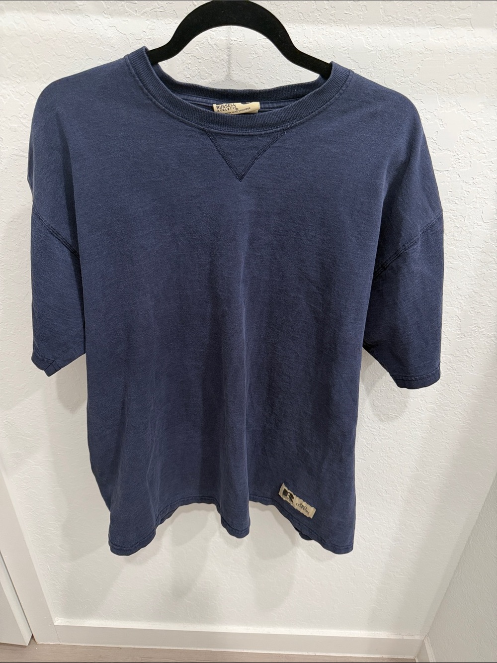 Vintage Russell Athletic Pro Cotton Shirt L Navy V-Stitch Distressed Y2K